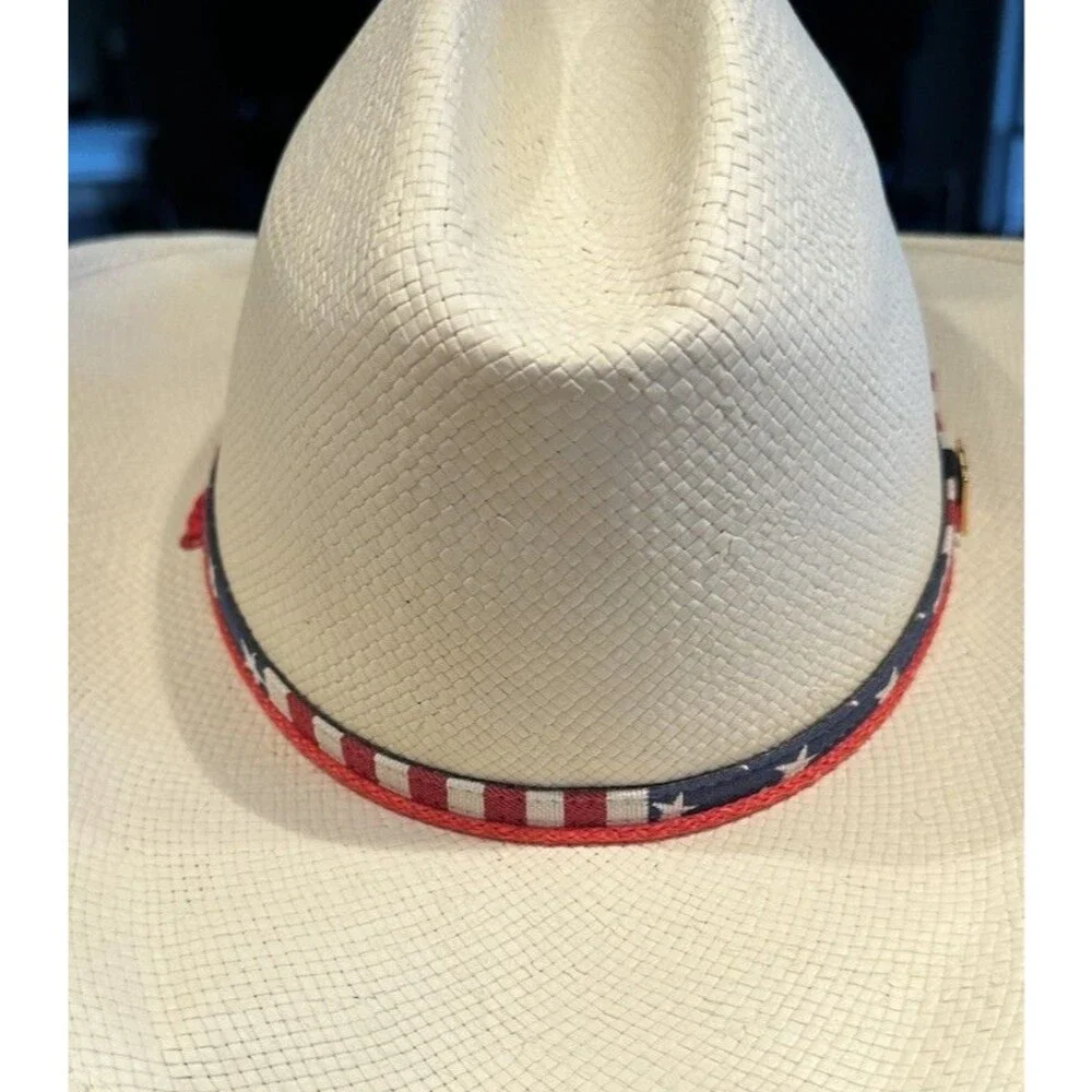 STETSON STRAW COWBOY WESTERN HAT American Flag Band W/ Drawsting 54cm Or 6 3/4